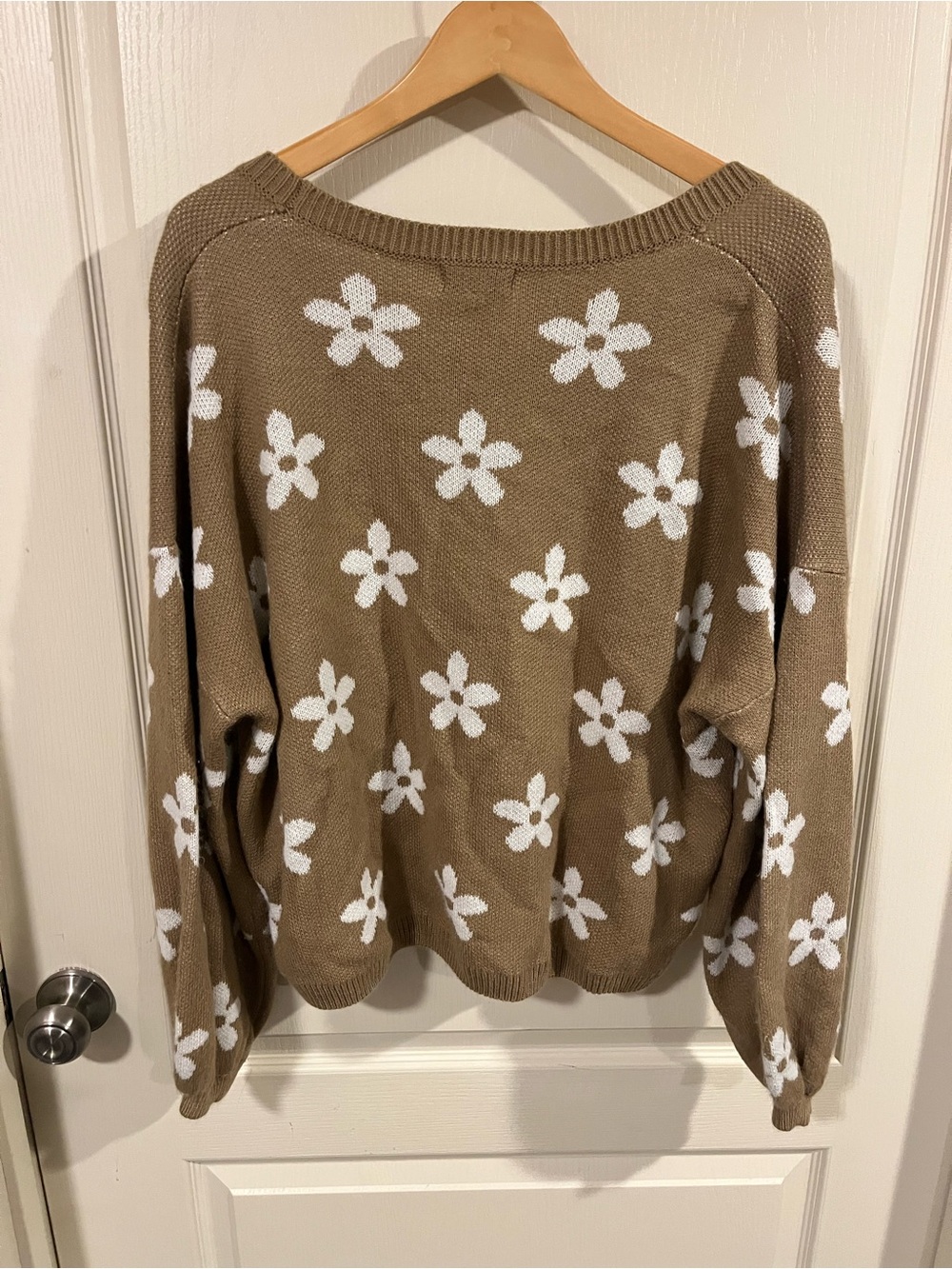 Altar'd State Floral V-Neck Sweater in Brown with White Flower Pattern - Picture 7 of 7
